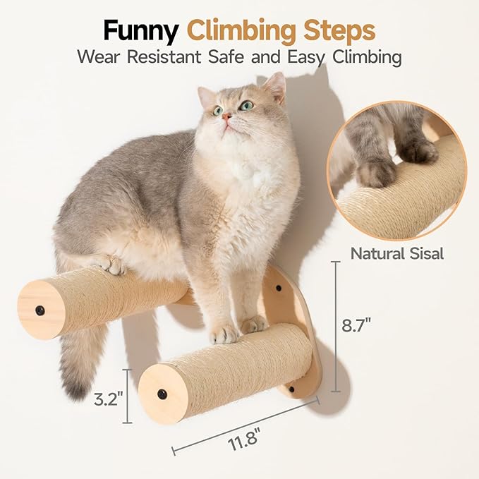 MEWOOFUN Cat Wall Furniture, Cat Wall Steps Cat Shelves for Wall Mounted, Wooden Cat Stairs with Sisal Rope Scratches - Cat Ladder Cat Climbing Shelves for Scratching, Jumping and Climbing