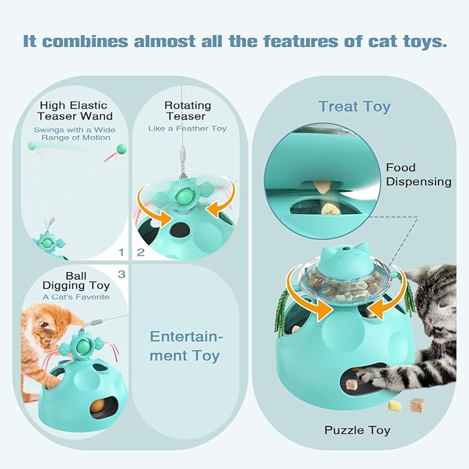 Interactive Cat Toys for Indoor Cats,4 in 1 Cat Treat Puzzle Slow Feeder Cat Wand Dancer Rolling Treat Ball Maze,Cat Treat Dispenser Puzzle Toy Cat Toys for Indoor Cats for Kitten Adult Cat