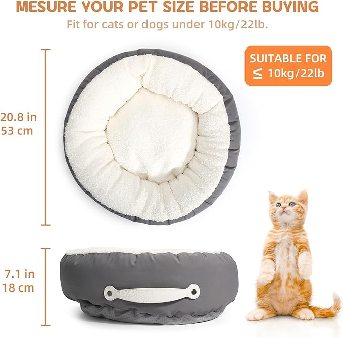 Cat Beds for Indoor Cats, 23 Inch Dog Bed for Small Melium Dogs, Washable Cat Cushion Bed with Slip-Resistant Bottom and Portable Handle (Gray)