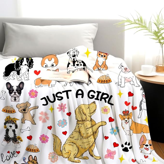 Dog Mom Blanket Just A Girl Who Loves Dog Throw Blanket Gifts for Cat Lovers Soft Flannel Animals Pet Pattern Gift for Kids Adults 50"X40"