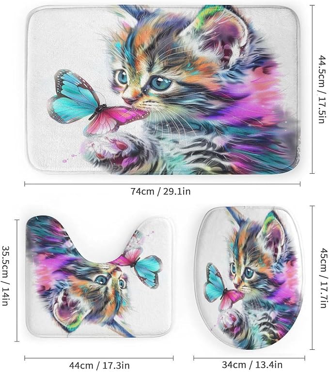 Brebasf Funny Cute Animal Cat Shower Curtain Set Bathroom Set Decorative Abstract Modern Art Watercolor Japanese Anime Cat Butterfly 4 Piece Shower Curtain, Toilet Cover, U-Mat, Floor Mat
