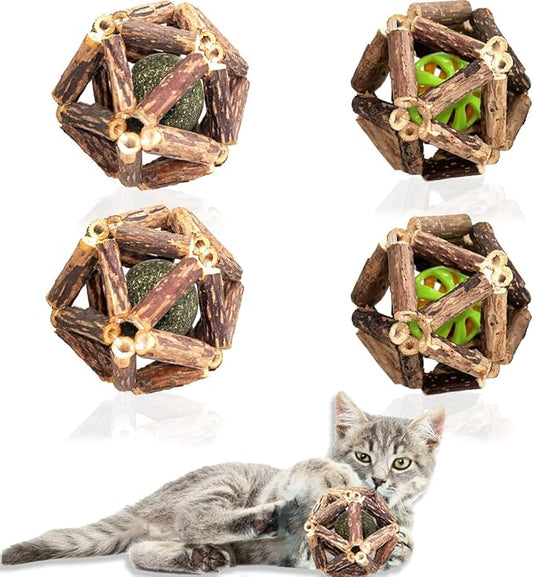 Cat Toys, 4 Packs Catnip Ball Toys, Nature Silvervine Stick Cage Cat Bell Balls, Catnip Toys for Cleaning Teeth, Relaxing Cats, for All Breeds