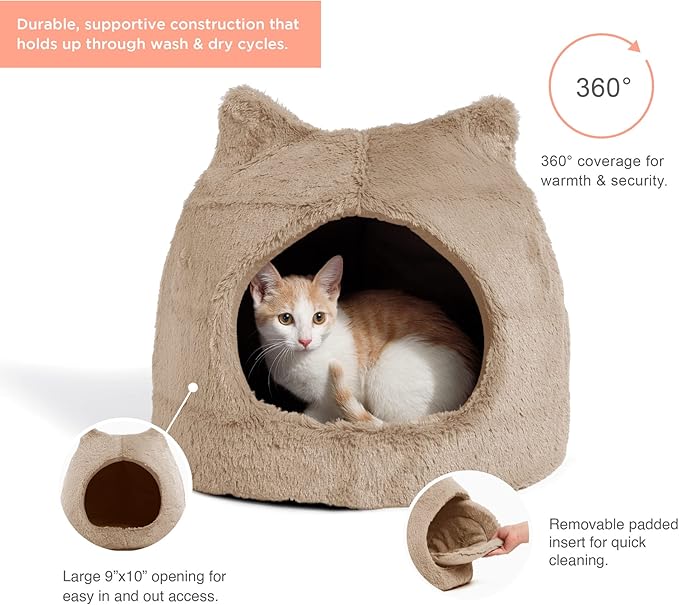 Best Friends by Sheri Meow Hut in Fur Cover Dome Cat and Dog Bed, Wheat, Small
