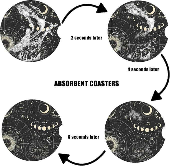 Car Cup Holder Coaster - Sun Moon Absorbent Ceramic Coaster, Car Coasters for Cup Holders, Auto Accessories for Women & Men, Pack of 2