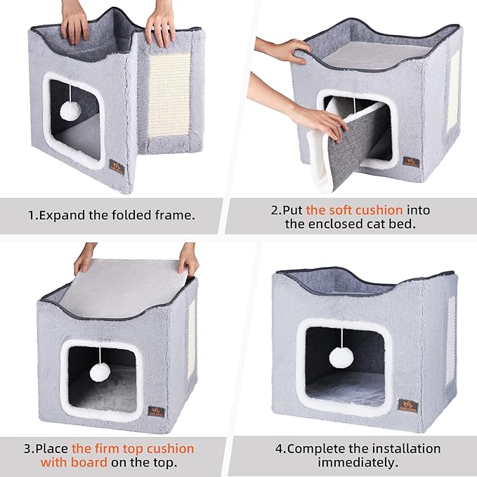 Cat Bed for Indoor Cats,Medium Large Cats Cave Bed,Machine Washable Slip Resistant Bottom,Ultra Soft Plush Cushion (Gray Fleece House)