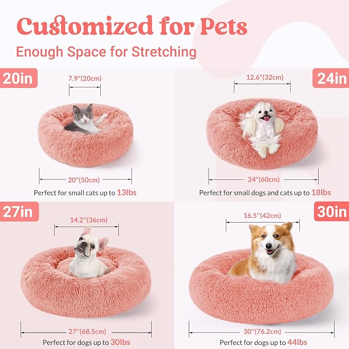 rabbitgoo Cat Beds for Indoor Cats, 20 inches Cat Bed Machine Washable, Fluffy Round Pet Bed Non-Slip, Calming Soft Plush Donut Cuddler Cushion Self Warming for Small Dogs Kittens, Light Pink, Medium