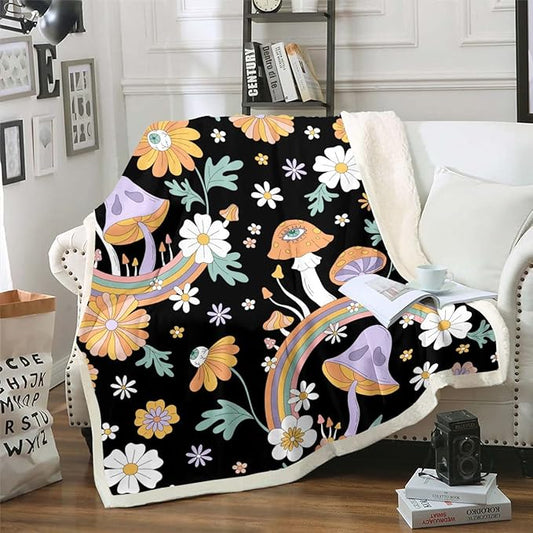 Trippy Mushroom Sherpa Groovy Floral Rainbow Throw Blanket - Boho Hippie Mushroom Fleece Blanket 40x50 Size - Retro Party Decorations Flannel