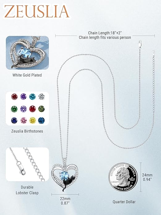 Birthstone Cat Necklaces,925 Sterling Silver Cat Necklace Heart Pendant for Women,Dainty Animal Jewelry for Her,Wedding Anniversary Birthday Gifts for Women Mom Grandma