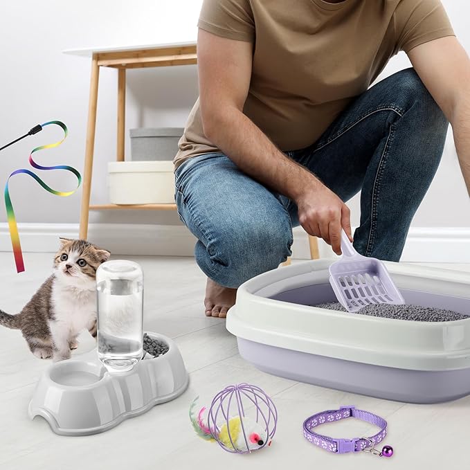 7 Pcs Small Cat Kitten Starter Kit Cat Litter Box with Shovel Cat Paw Litter Mat Double Automatic Cat Bowls Cat Toy Teaser Stick Cat Collar Essentials Kits for 1-3 Lbs Beginner (Purple,Stylish)