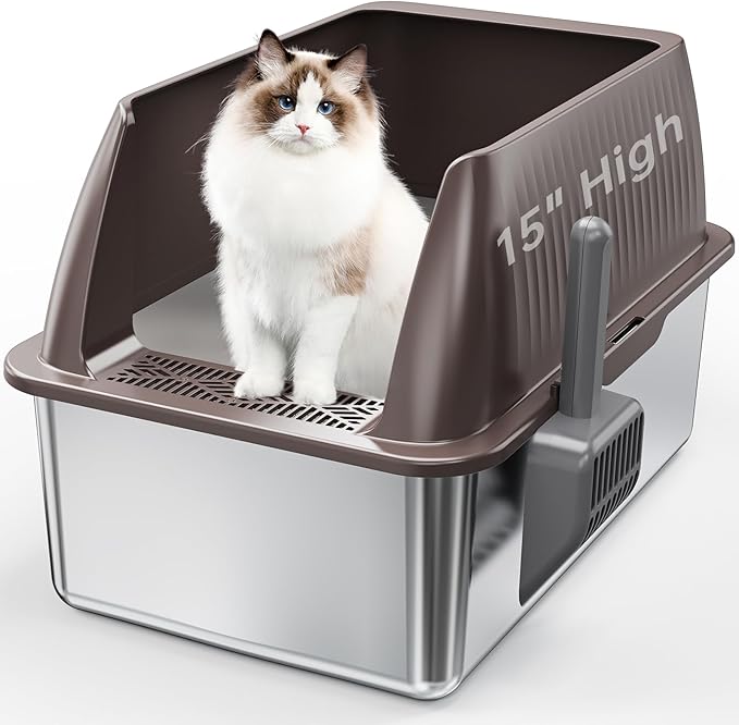 15" XL Stainless Steel Litter Box for Cats, Enclosed Metal Litter Box with Lid, Extra Large Kitty Litter Box with High Sides for High Peeing Cat, Easy to Clean, Non-Sticky, Including Scoop
