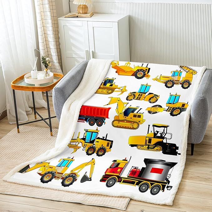 Boys Excavator Car Fleece Blanket for Bed Sofa Couch Kids Cartoon Construction Truck Sherpa Throw Blanket Son Machinery Vehicles Print Plush Blanket Soft Lightweight Fuzzy BlanketKing 87"x95"