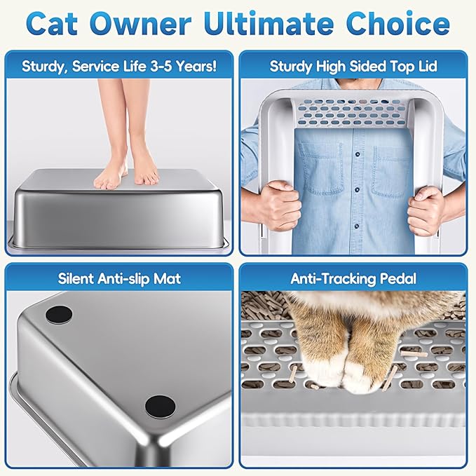 2 Pack Stainless Steel Cat Litter Box with Lid, XL Extra Large Metal Kitty Litter Box for Big Cats, 24" L x 16" W x 12" H, Enclosed Litter Box High Sided, Non-Sticky, Include Litter Scoop