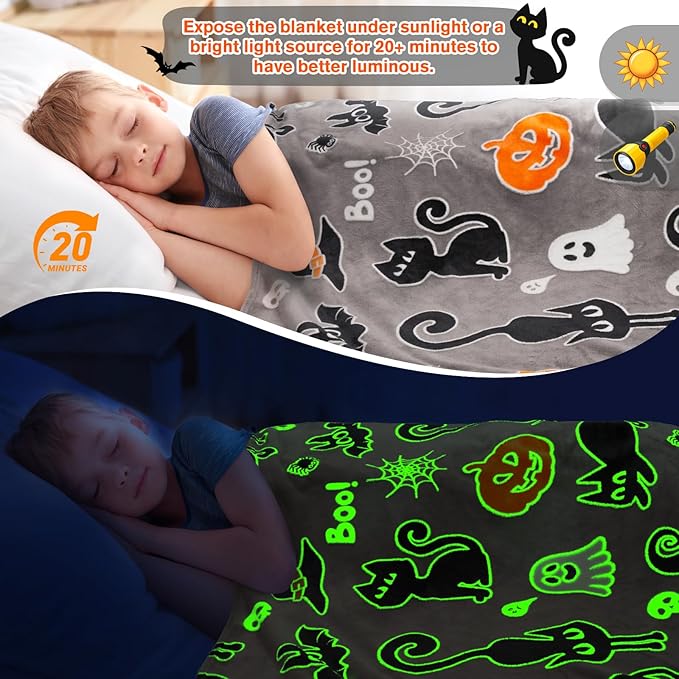 Halloween Decorations Blanket Gifts for Kids - Pumpkin Spooky Bat Cat Glow in The Dark Soft Throw Toys Presents for Boys Girls Toddler Child Teen Bedroom Couch Sofa Decor 50"x60"