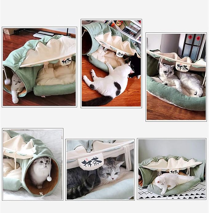 Cat Toys Collapsible Tunnel Bed Cozy Cave, Round Cuddle Snuggery Burrow Pet Litter House Bed Channel Removable Cover for Indoor Rabbits, Kittens and Dogs - Green