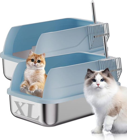 2 Pack Stainless Steel Cat Litter Box with Lid Enclosed Sides Extra Large Matel Litter Box for Big Cats XL Steel Litter Pan for Multiple Cats with Cat Litter Scoop Easy Cleaning
