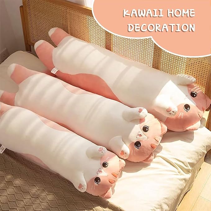 Cat Stuffed Animal Kids Body Pillow for Girls – Soft Cute Plushies Long Cat Hugging Body Pillow with Removable Zipper Cover, Pink Cat Plush Pillow for Cuddling, Sofa or Bed Décor
