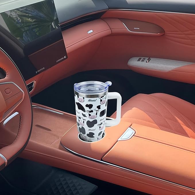 40 oz Tumbler with Handle and Straw, Stainless Steel Insulated Cup with Leak Proof Lid and Straw Lid, Keep Drinks Cold and Hot for Hours（Cow）