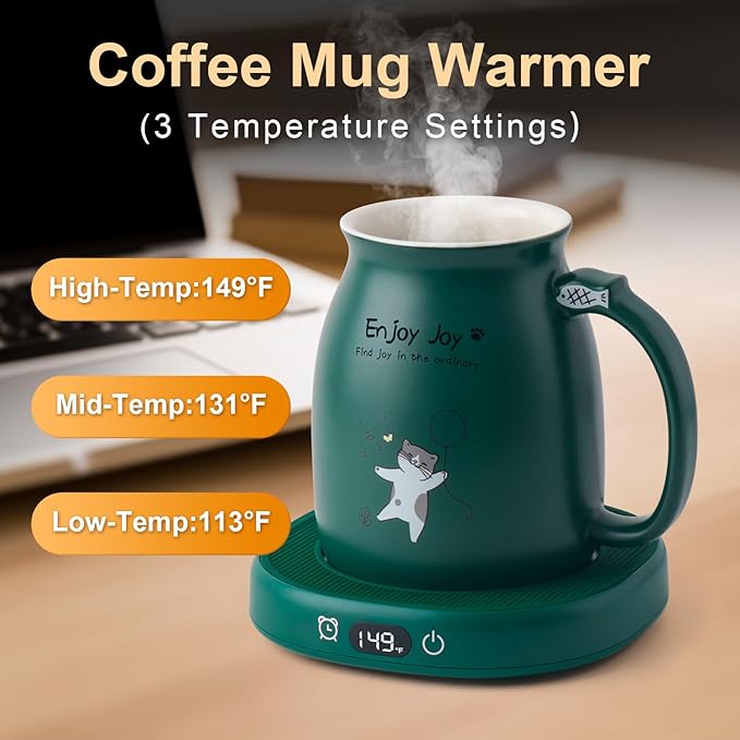 Bsigo Cute Cat Mug Set & Electric Smart Mug Warmer for Home & Office, Beverage Tea & Coffee Cup Warmer with 3-Temp Settings, 8H Auto Shut Off, Green