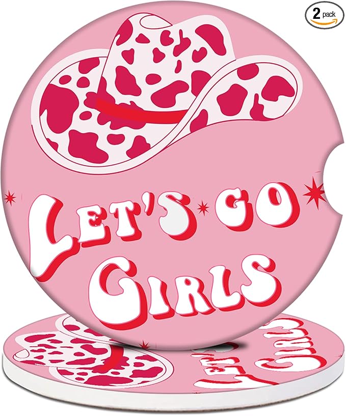 Car Cup Holder Coaster - Cow Hat Let's go Girl Women Absorbent Ceramic Coaster, Car Coasters for Cup Holders, Auto Accessories for Women & Men, Pack of 2