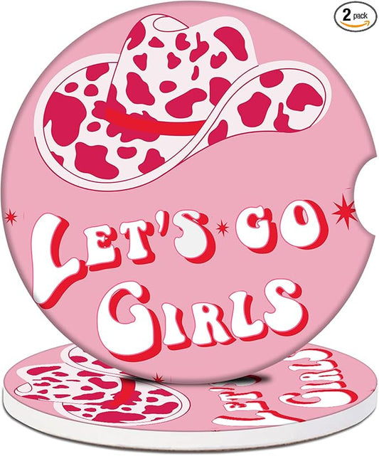 Car Cup Holder Coaster - Cow Hat Let's go Girl Women Absorbent Ceramic Coaster, Car Coasters for Cup Holders, Auto Accessories for Women & Men, Pack of 2