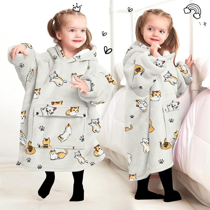 KFUBUO Wearable Blanket Hoodie for Kids Toddlers Sherpa Blanket Sweatshirt With Pocket Cute Hoodies 2-6 Year Old Girl Birthday Gifts Cat