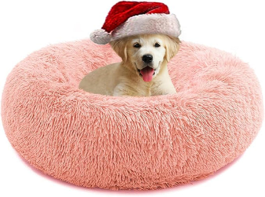 Small Cat Bed for Indoor Cats, Self-Warming Donut Kitty Bed for Small Cats Keeping Warm, Washable Pet Bed with Anti Slip Base, Pink 23‘’