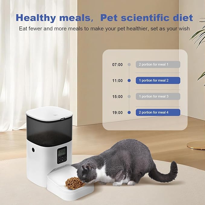 Automatic Cat Feeder, 4L Cat Food Dispenser with 10s Voice Recorder, Pet Feeder up to 8 Meals per Day, Timed Cat Feeder with Dry Food Sealed Ring (White, 4L-Basic)