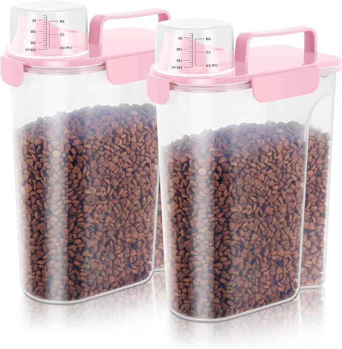 10 LBS Dog Cat Storage Container Portable with Upgraded Large Spout and Cup,Plastic Pet Food Dispenser for Small Animal Kibble,Bird Seed,Oatmeal,Rice,flour,brown sugart-2 pack Smoky Pink