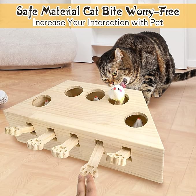 kathson Cat Enrichment Toys for Indoor Cats, Solid Wood Kitten Whack A Mole Interactive Box Catch Mice Game Cat Puzzle Toy for All Ages Cats Kittens Exercise Puzzle Relieve Boredom