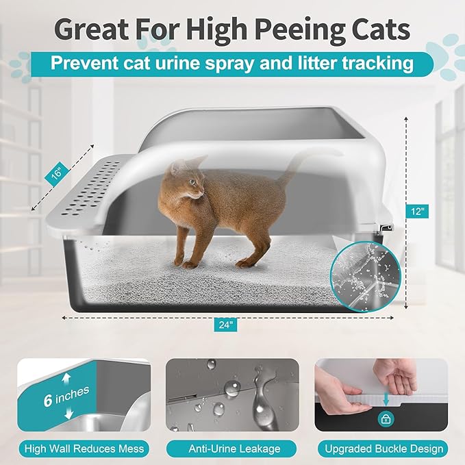 2 Pack Extra Large Stainless Steel Cat Litter Box with Lid, High Sided Metal Litter Box for Big Cats, Hooded Large Jumbo Litter Pan Tray with High Wall Enclosure with Scoop (Black Coated)