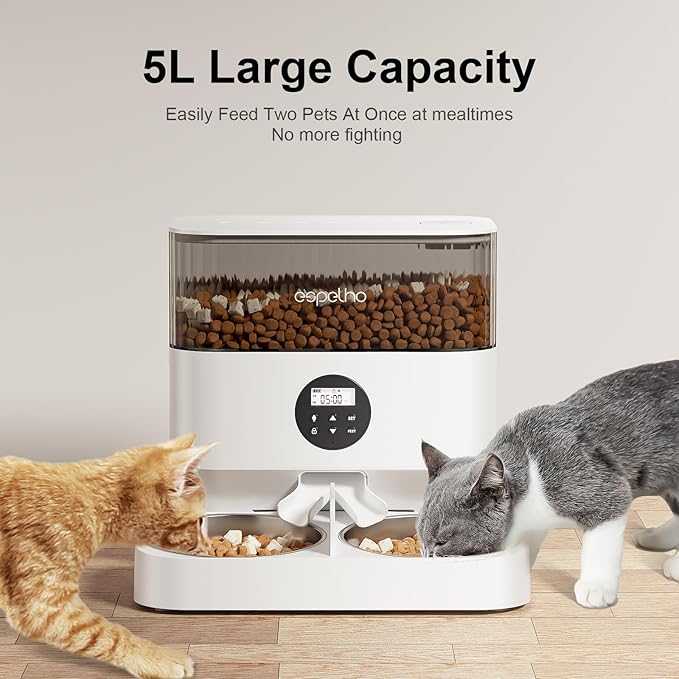 Automatic Cat Feeders for 2 Cats - 5L Timed Cat Food Dispenser with 2 Stainless Steel Bowls, 10s Meal Call Programmable Portion Control Pet Feeder with Desiccant Bag for Cats & Dogs