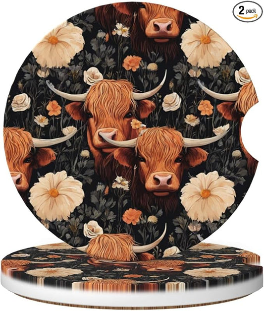 Absorbent Ceramic Car Coasters for Cup Holders, Yak Highland Cow Flower Design 2.56" Anti Slip Universal Drink Cup Coasters for Women Men (2 Pack)