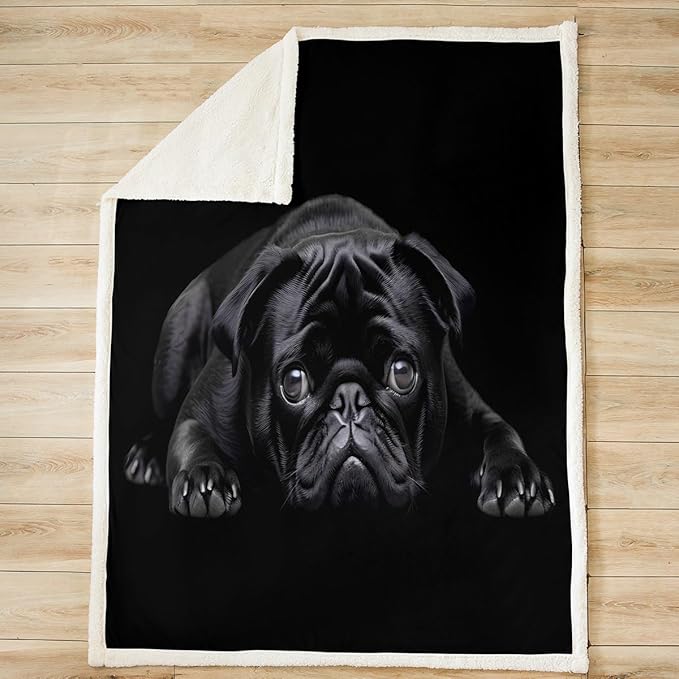 Pug Dog Printed Sherpa Fleece Throw Blanket - 3D Animal Theme Plush for Sofa, Bed, Couch - Room Decor With Lovely Pet Pattern - Fuzzy Black Twin 60"x80"