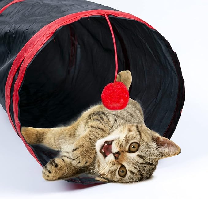 Sheldamy Cat Tunnel, 2-Way Collapsible Play Tunnel, Interactive Toy Maze for Small Animals, Red & Black