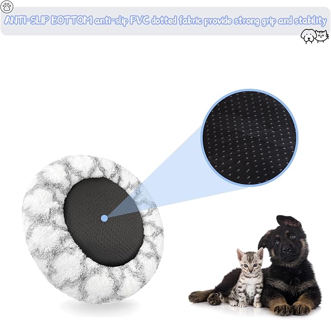 Dog Bed for Indoor, Faux Fur Calming Dog & Cat Bed 24' Anti-Anxiety Donut Soft Plush Cushion for Small Medium Dogs & Cats with Slip-Resistant Bottom (Grey+White)