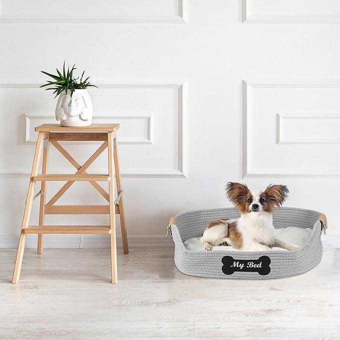 Cat Beds for Indoor Cats,21.6''X15.7''Cotton Rope Puppy Bed,Woven Rope Kitty Nest Cat Nap Bed with Soft Cushion,Handwoven Dog Cat Bed Basket -Scratch Resistant