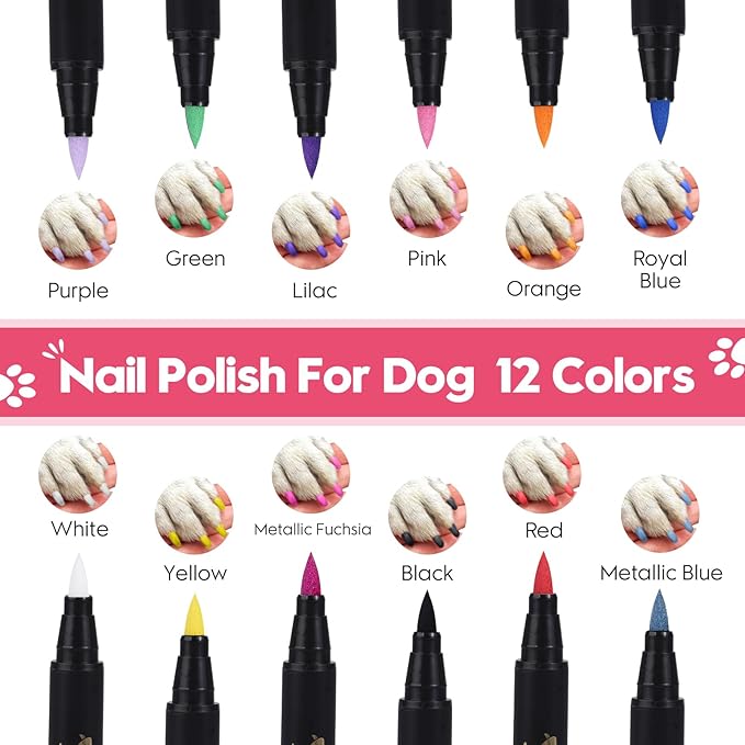 Dog Nail Polish Pens Quick Dry - 12 Colors Pet Nail Polish Set for Dogs, Dog Safe Easy Application Nail Polish Pens for Dog Nail Art, Fast Dry Girl Doggy Nail Polish - Great Puppy Nail Pawlish Set