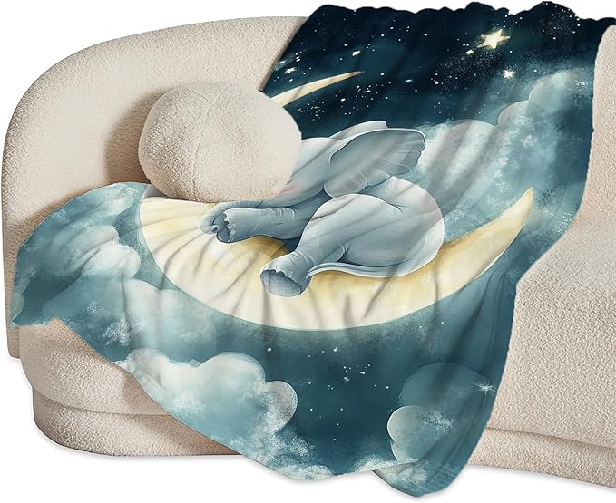 Elephant Throw Blanket Ultra Soft Cozy Cute Elephant on Moon Blanket Fleece Fuzzy Plush Elephant Lovers Decor Gifts for Women Girls Adults Couch Sofa 60"x50"
