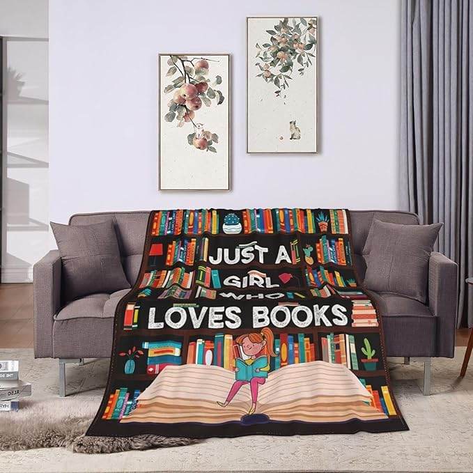 Books Blanket Reading Throw Blanket Just A Girls Who Loves Books Decor Stuff Merch Cozy Print Flannel Fleece Soft Plush Fuzzy Warm Lightweight Bedding Read Books Gifts for Women Kids 50"X40"