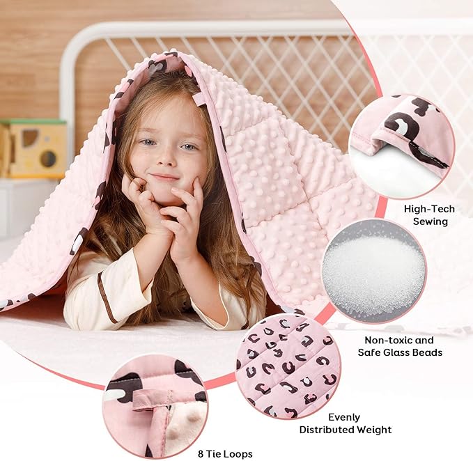 Uttermara Weighted Blanket 5 lbs, Ultra Cozy Minky Fleece and Cotton Sided with Cartoon Patterns, Reversible Heavy Blanket Great for Calming and Sleeping, 36x48 inches, Pink Leopard
