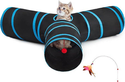Tempcore Pet Cat Tunnel Tube Cat Toys 3 Way Collapsible, Cat Tunnels for Indoor Cats，Kitty Tunnel Bored Cat Pet Toys Peek Hole Toy Ball Cat, Puppy, Kitty, Kitten, Rabbit Blue Large Size