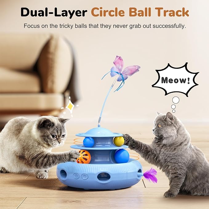 Cat Toys, 4-in-1 Rechargeable Automatic Interactive Cat Toy with Fluttering Butterfly, Random Moving Ambush Feather, Two-Tier Track Balls, 5H Smart Standby, Touch-Activated (Blue)