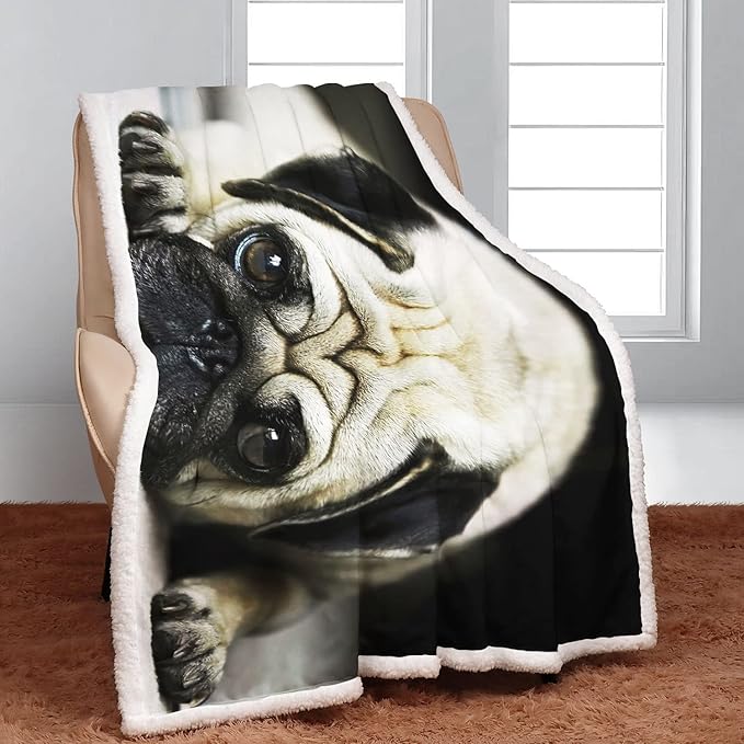 Pug Sherpa Blanket, Dog Print Fleece Throw Blankets for Couch Sofa Bed, Super Soft Warm and Lightweight, 50" x 60"