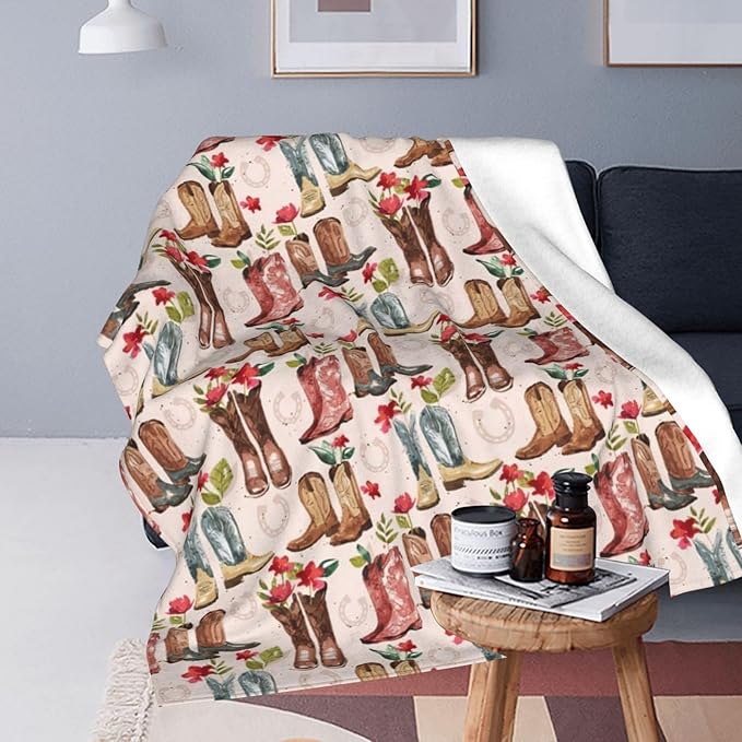Western Cowboy Blanket Country Cowboy Boots Throw Blanket Super Soft Cozy Plush Lightweight Fleece Flannel Flower Decor Blanket Gifts for Girls Boys Women Men Adults for Sofa Couch 50"X60"