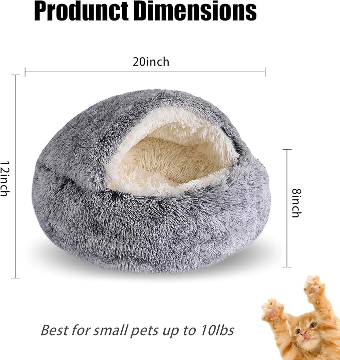 Calming Dog Beds & Cat Cave Bed with Hooded Cover,Washable Round Beds for Small Medium Pets,Anti-Slip Faux Fur Fluffy Coved Bed,Comfortable Warming Pet Bed (20 * 20inch,Grey)