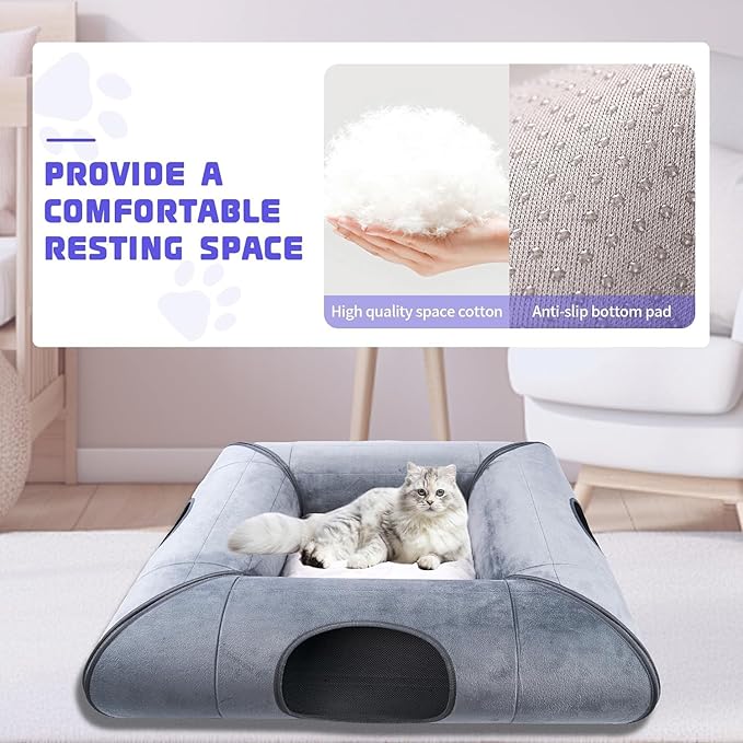 Cat Tunnel Bed, Indoor Cat Cave, Removable Cat Tunnel with Removable Soft Pad, Sturdy and Scratch Resistant, Suitable for Small and Medium Cats (Gray)