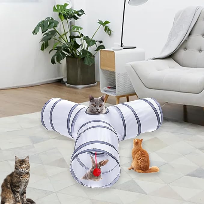 Cat Tunnel Tube Toys, Tunnels for Indoor Cats, 3 Way Colorful White Gray Collapsible Interactive Toy with Balls for Rabbits, Kittens, Ferrets, Puppy