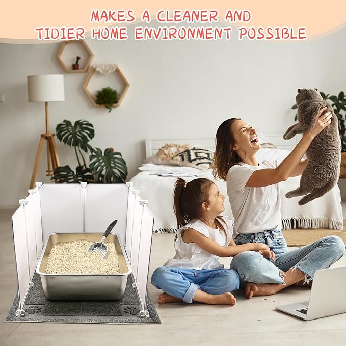 2 Set Extra Large Giant Stainless Steel Litter Box for Cats(24 x 16 x 6 inches) with 2 Metal Cat Litter Scoop,16 Litter Splash Shield and 2 Cat Litter Mat,Easy Clean,Non Stick,Odor Control