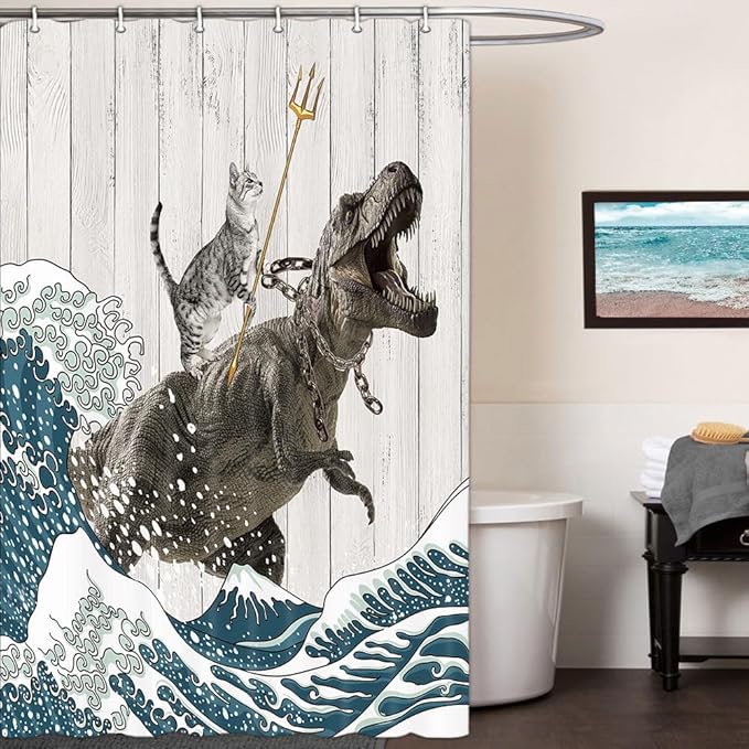 Boziqr Funny Cat Shower Stall Curtain, Cool Cat Dinosaur Japanese Ocean Wave Decor Fabric Bathroom Curtains, Kids Children Rustic Wooden Farmhouse Shower Curtain, 36 X 70 Inches