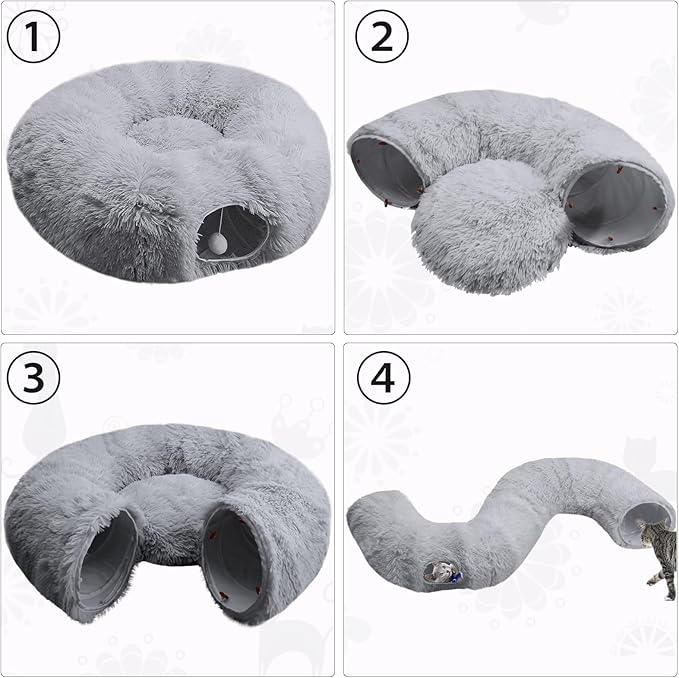 Cat Tunnel Bed with Central Mat, Soft Fluffy Plush Cat Tube Playground Toys, Collapsible Multi-Combinations Donut Circle Tunnel for Indoor Cat Kitten Kitty Puppy Rabbit Ferret (Gray)